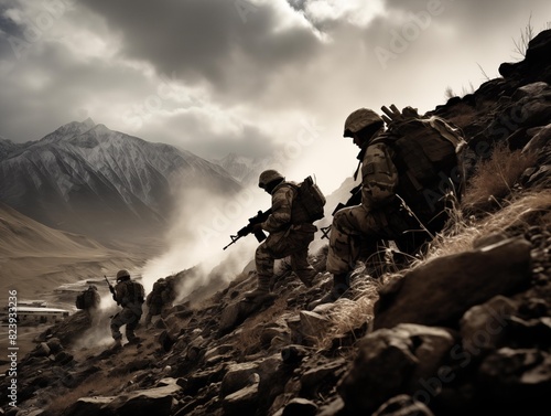 Soldiers Advancing in the Mountains at Dawn