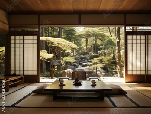 Tranquil Tea Time in a Japanese Tatami Room Overlooking a Garden