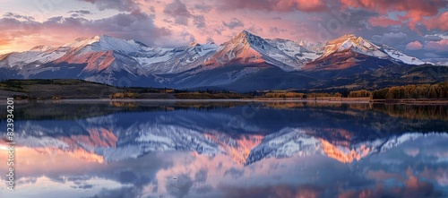 Beautiful mountain range with snowcapped peaks reflecting in the still water of an alpine lake at sunrise