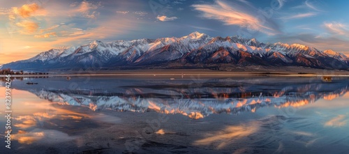Beautiful mountain range with snowcapped peaks reflecting in the still water of an alpine lake at sunrise