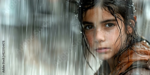 A teenage girl courageously faces a downpour in a striking closeup shot. Concept Outdoor Photoshoot, Portrait Photography, Rainy Day, Weather Elements, Summer Style photo