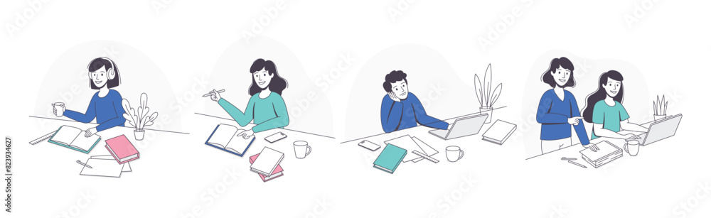 School Pupil Doing Homework Sitting at Desk with Book and Copybook Studying Vector Set School Pupil Doing Homework Sitting at Desk with Book and Copybook Studying Vector Set