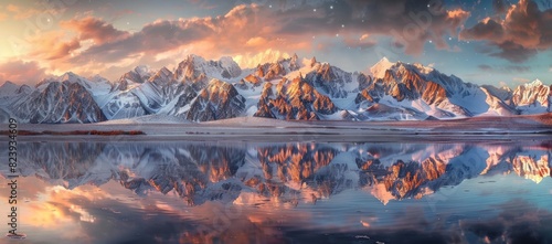 Beautiful mountain range with snowcapped peaks reflecting in the still water of an alpine lake at sunrise photo