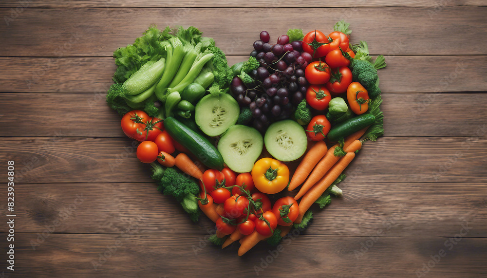 Heart Shape Made from Fresh Vegetables and Fruits on Wooden Table Heart Shape Made from Fresh Vegetables and Fruits on Wooden Table