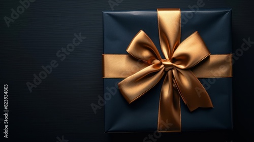 Gift Box with Luxurious Gold Ribbon, Top View Against Dark Background and Space for Text