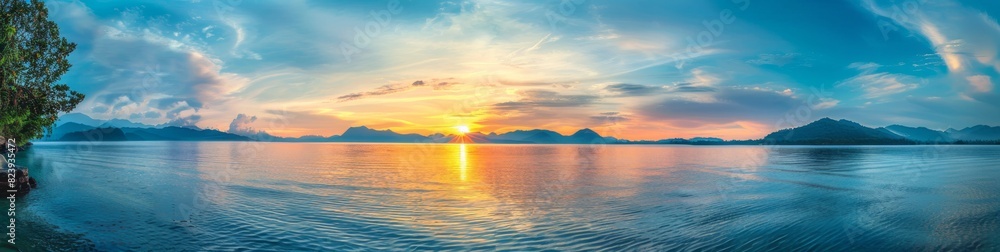 Beautiful panoramic view of a colorful sunset over calm sea water with a mountain range in the background