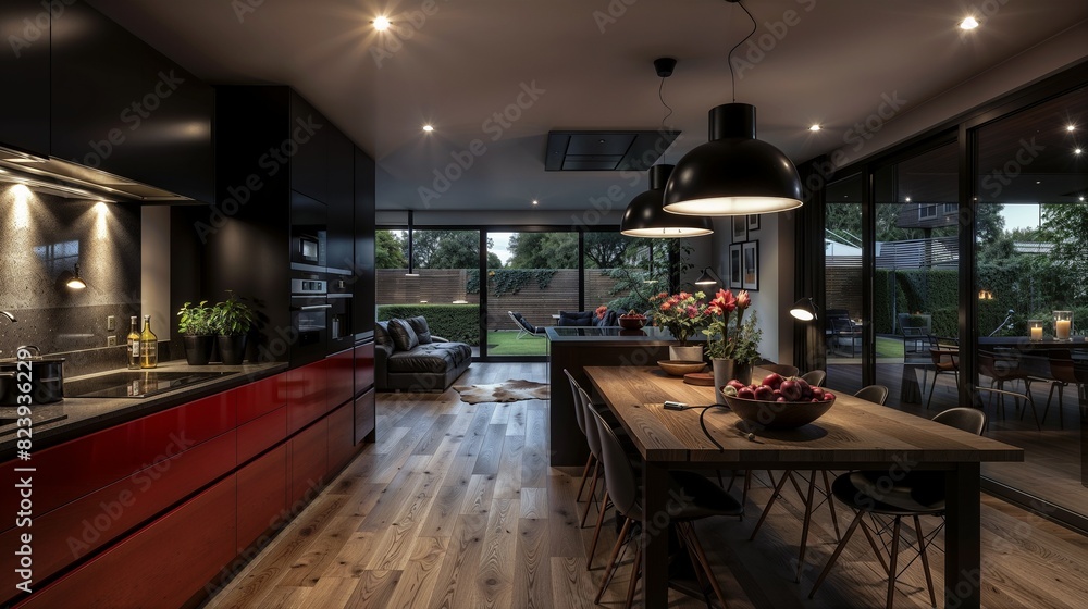 Interior Modern Kitchen | Interior of Restaurant | Furnished Black Style Kitchen | Dining Table	