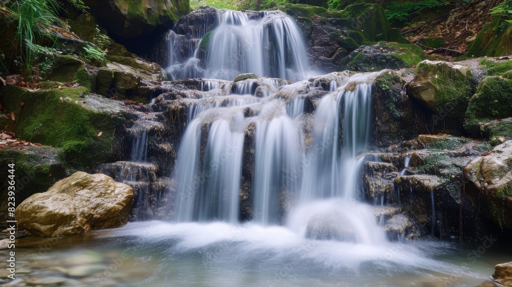 A serene multi-tiered waterfall cascades gently over mossy rocks surrounded by a lush forest, creating a tranquil natural scene. A serene multi-tiered waterfall cascades gently over mossy rocks surrounded by a lush forest, creating a tranquil natural scene.
