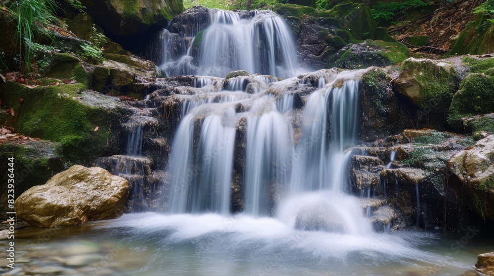 A serene multi-tiered waterfall cascades gently over mossy rocks surrounded by a lush forest, creating a tranquil natural scene.