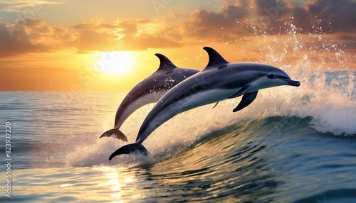 A pair of dolphins leaping from a sparkling ocean at sunrise.