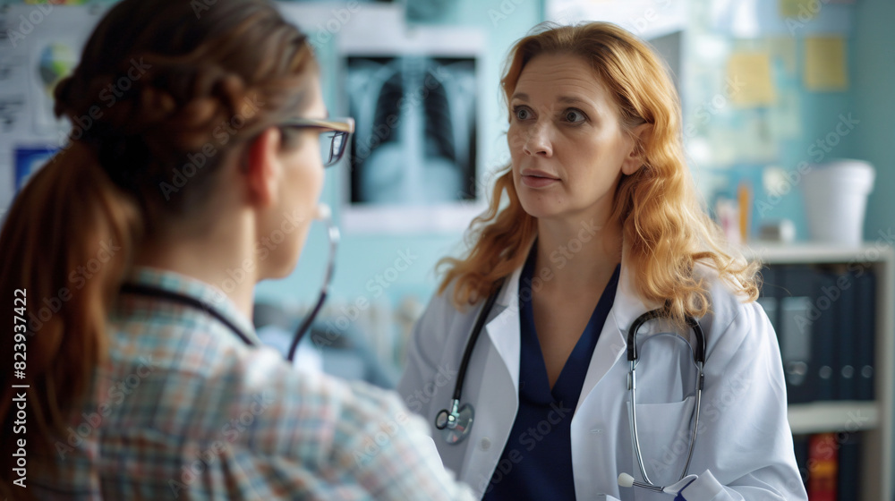female doctor counsels patient while examining x-ray results.Her calm demeanor reassures the patient they discuss the findings,highlighting the path to recovery.interaction filled with professionalism female doctor counsels patient while examining x-ray results.Her calm demeanor reassures the patient they discuss the findings,highlighting the path to recovery.interaction filled with professionalism