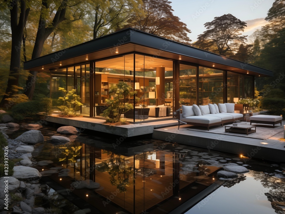 Obraz premium Twilight Serenity at a Modern Glass House in the Forest