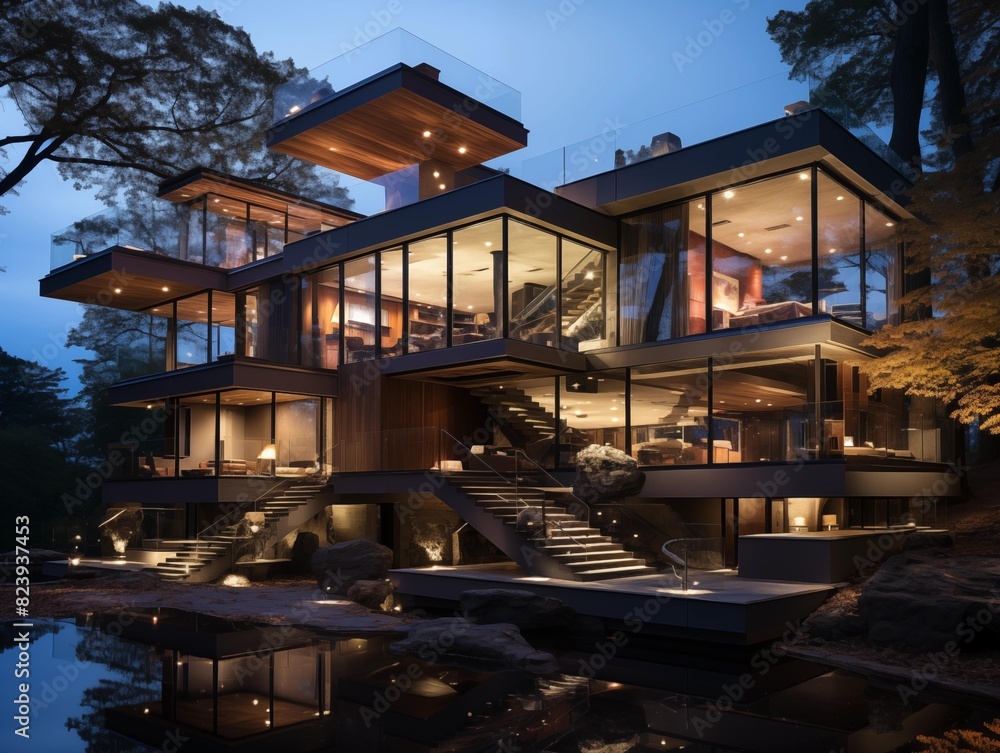 Fototapeta premium Twilight Reflections on a Modern House in the Woods
