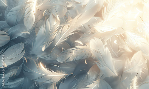 Elegant and soft abstract background with floating feathers in soft whites and grays, Generate AI photo