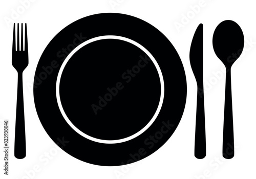 place setting cutlery - fork, knife, spoon and plate silhouette shape, black and white vector illustration