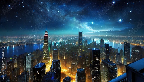 A panoramic vista of the city skyline from the observation deck of the Rockefeller Center, where the twinkling lights of skyscrapers stretch out to the horizon like a sea of stars.
