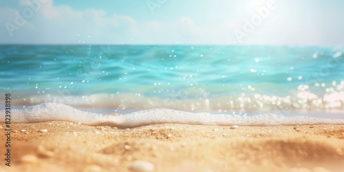 Beautiful summer background with sandy beach and blue sea water, blurred banner for web design or social media