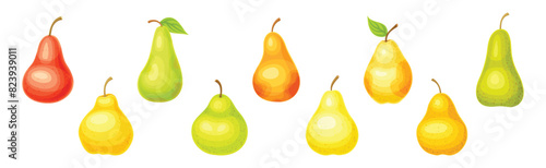 Ripe Sweet Pear Fruit of Bright Color Vector Set