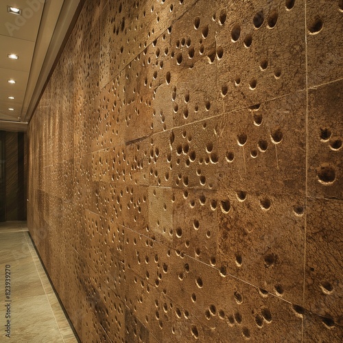 A cork wall, dotted with pinholes and the natural pattern of the cork bark, offering a unique texture that's both visually interesting and acoustically beneficial. photo