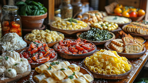 Mesa completa de comidas italianas en platos