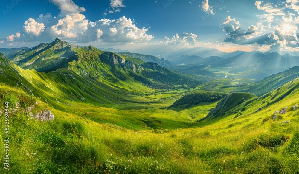 Obraz premium Beautiful summer landscape with green grass, mountains and blue sky with sun rays