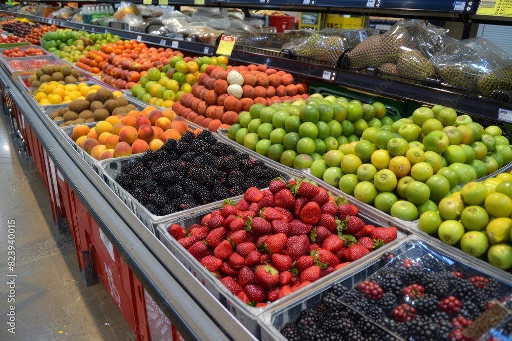 colorful display of fresh fruits and vegetables in refrigerated section of costco store