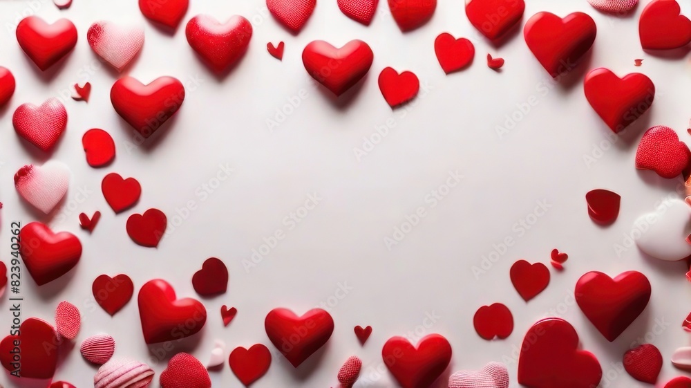 White background with many red and white hearts all around it with empty space in the center White background with many red and white hearts all around it with empty space in the center