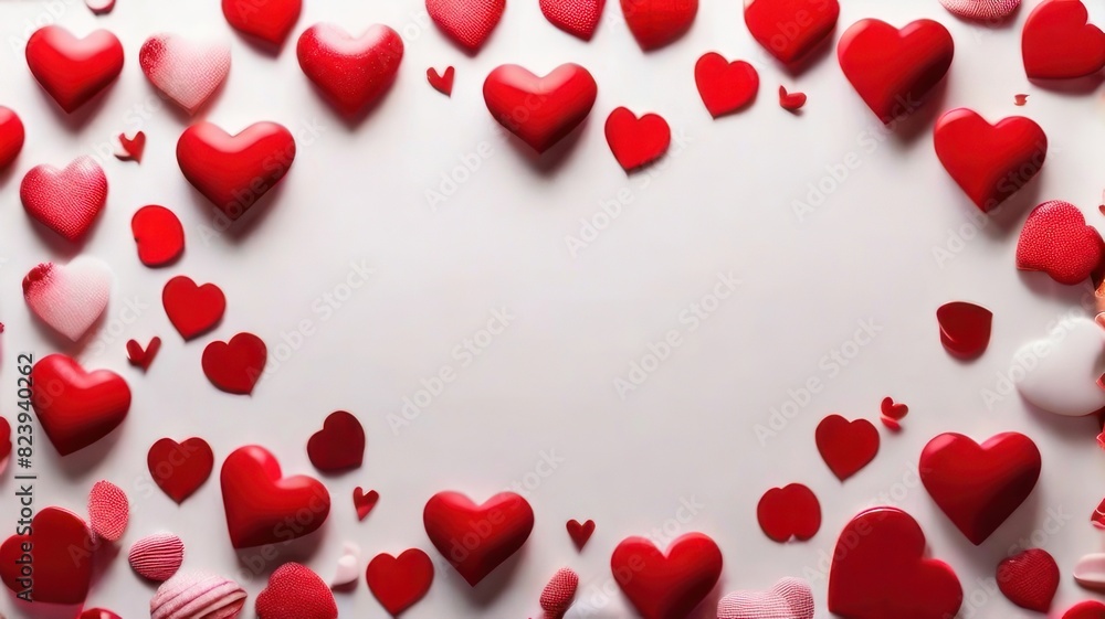 White background with many red and white hearts all around it with empty space in the center