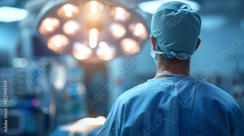 Surgeon s Reflective Gaze Amidst the Surgical Lights in the Operating Room During Critical Care Procedure photo