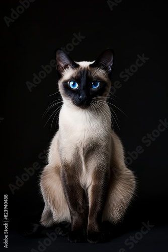 A Siamese cat with blue eyes is sitting on a black background
