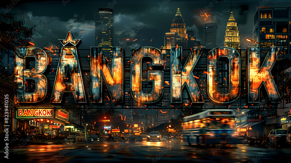 Fototapeta premium Bangkok city destination poster in the style of film photo montage depicting iconic landmarks and scenes from the city. Vacation and international travel concept.