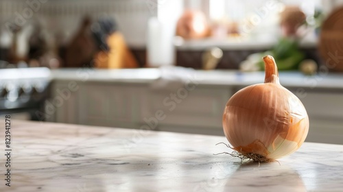 Isolated onion with skin intact, set against a blurred kitchen background. photo