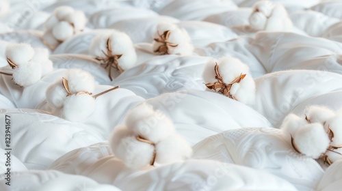 Top view of cotton flowers on a mattress texture background.