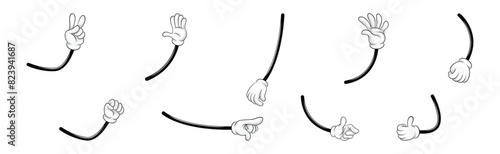 Cartoon Hand and Comic Arm with Five Fingers in White Glove Gesturing Vector Set