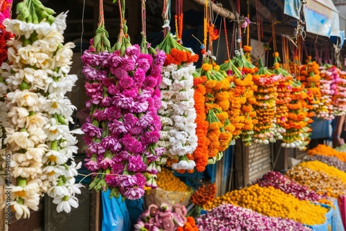 colorful flower garlands and bouquets at vibrant kolkata market traditional indian floral decorations photo