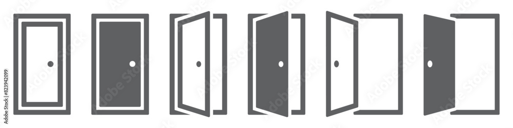 Set of doors icons. Opened and closed door silhouette. Interior or office doors. Vector. Set of doors icons. Opened and closed door silhouette. Interior or office doors. Vector.