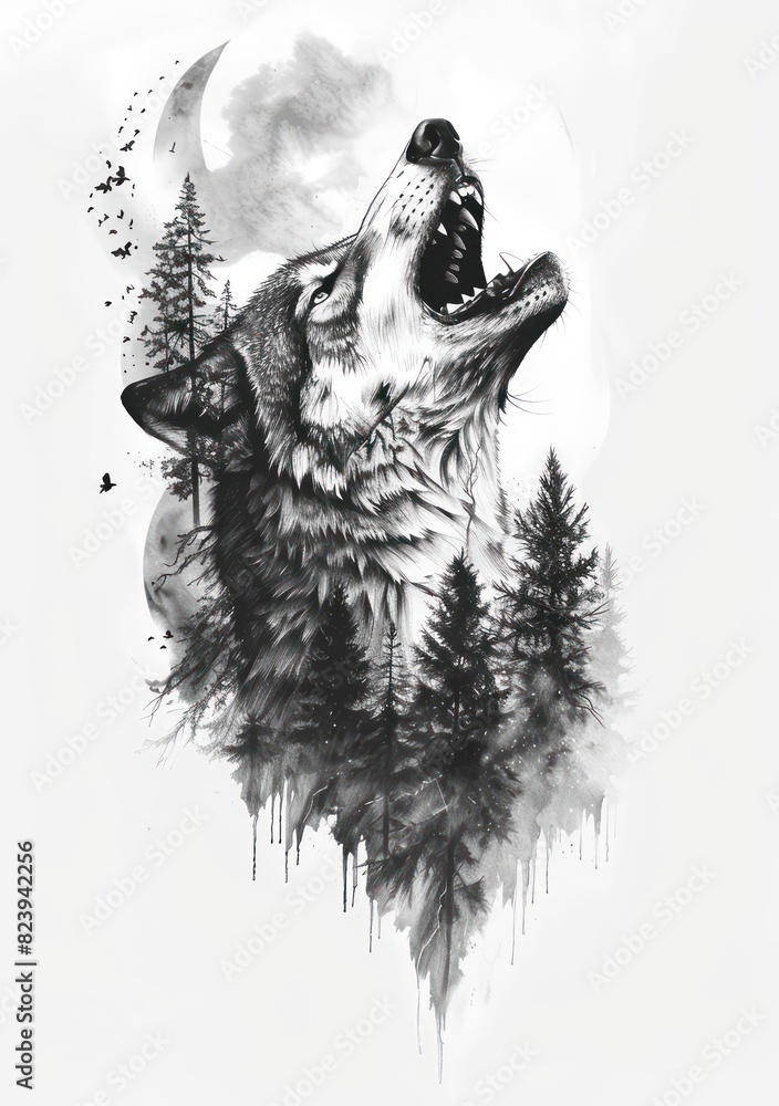 wolf howling with a forest tattoo design in white background Stock ...