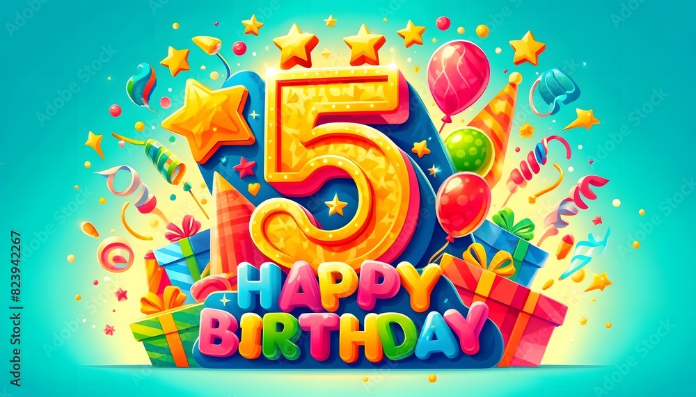 Fototapeta premium Colorful Fifth Birthday Celebration with Festive Number Five, Balloons, and Gifts on a Vibrant Background