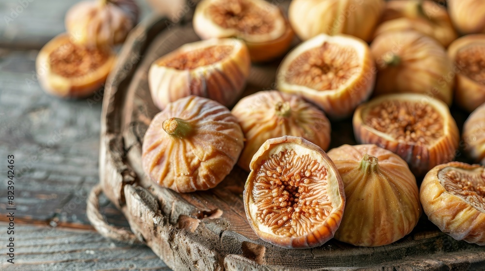 Sun-dried figs on a stone background, served on a wooden board.