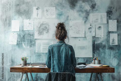 Artist gazing at her sketch-filled wall