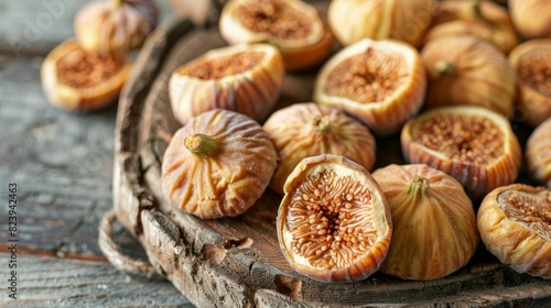 Sun-dried figs on a stone background, served on a wooden board.