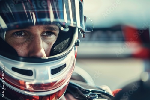 The picture of the formula one or f1 racer wearing the helmet for protection, the racing driver is focusing on the race track, the racer require skill like the concentration and driving skill. AIG43. © Summit Art Creations