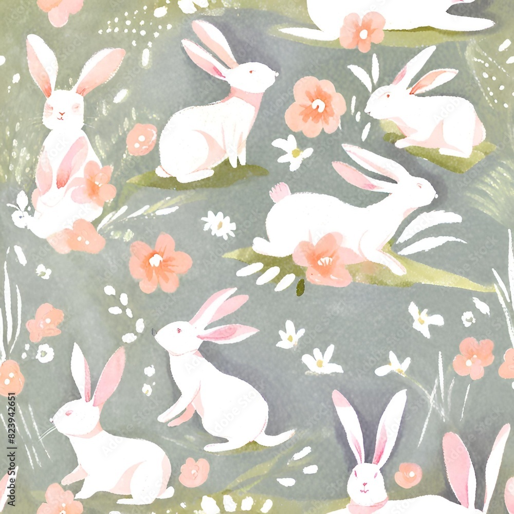 Wallpaper floral with white rabbits Wallpaper floral with white rabbits