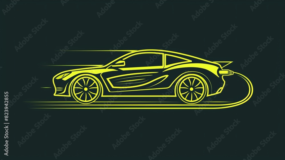 Fototapeta premium Icon of a fast electric car with a plug symbol, representing EV and green hybrid vehicles.