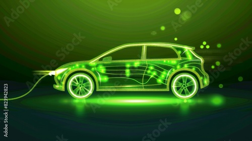 Icon of a fast electric car with a plug symbol  representing EV and green hybrid vehicles.  