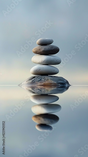 A stack of rocks on a rock in a body of water