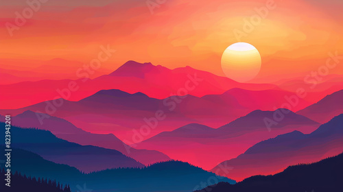 A beautiful mountain range with a bright orange sun in the sky © Babb