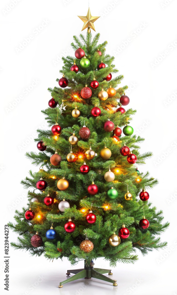 A decorated Christmas tree with colorful ornaments and a gold star on top.