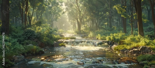 Tranquil D Rendering of a Softly Lit Forest Stream Surrounded by Muted Colors and Dappled Light