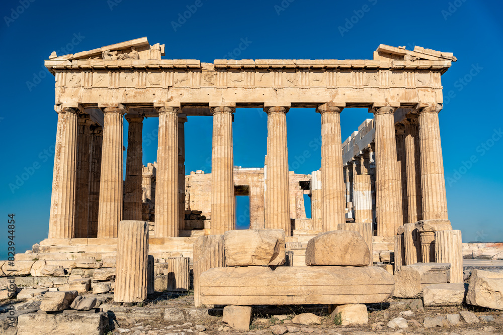 Parthenon, an ancient temple located on the Acropolis of Athens (Greece). It is a symbol of classical architecture, with Doric columns and a pediment adorned with sculptural details
